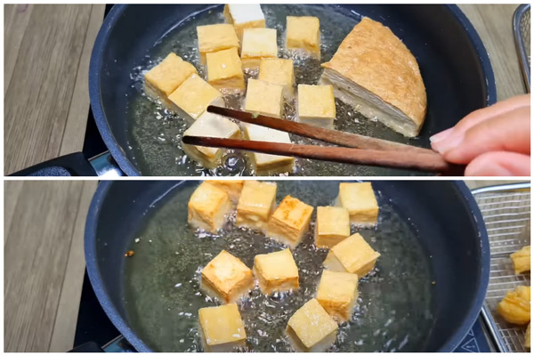 Chiên đậu hũ và chả quế vàng giòn các mặt