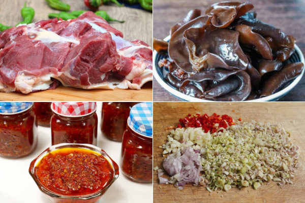 Các nguyên liệu làm món dê xào sa tế