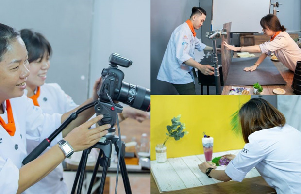 học viên thực hành sắp xếp bố cục hình ảnh và chụp hình đồ uống