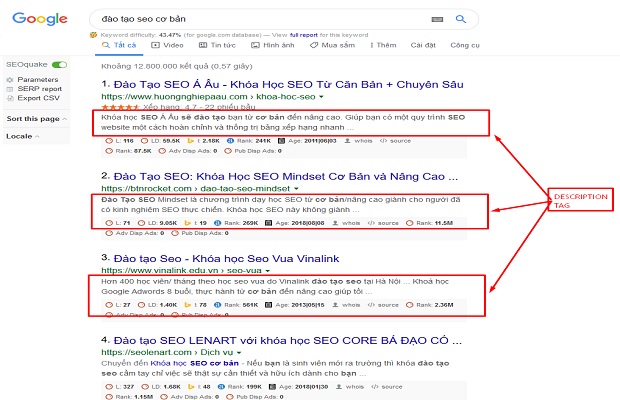 meta description trên hiển thị google