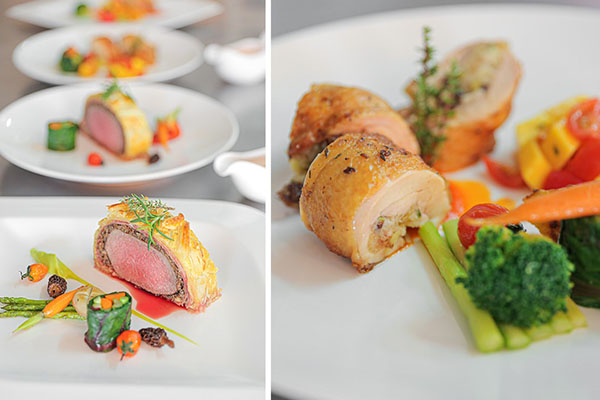 thành phẩm beef wellington with chasseur suca stuffed chicken with raisin and mango tomato salsa
