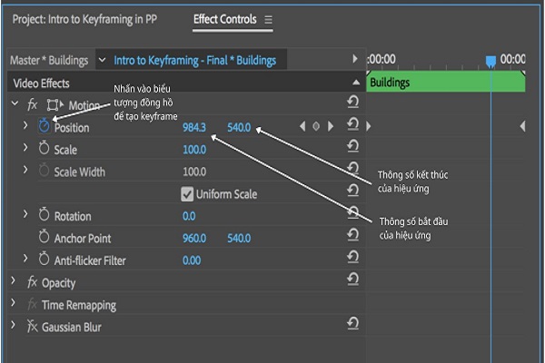 Giao diện tạo keyframe trên Adobe Premiere Pro
