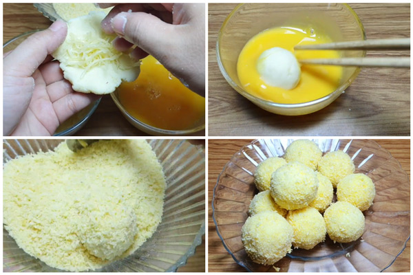 Áo đều viên khoai phô mai qua bột chiên giòn 
