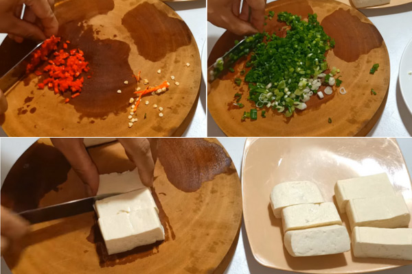 Sơ chế nguyên liệu để làm đậu phụ tẩm hành