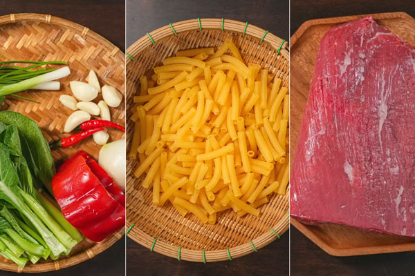 Nguyên liệu để làm món nui xào bò thơm ngon