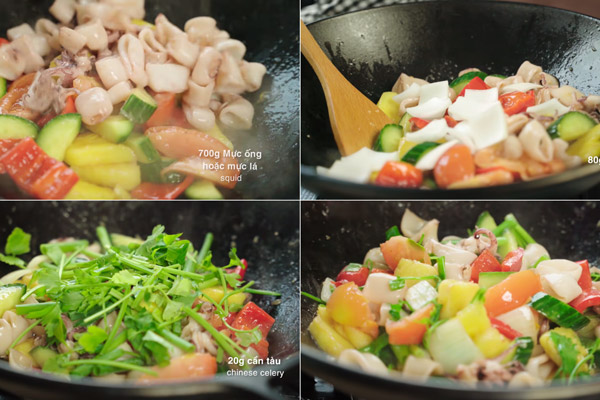 Trộn mực và hoàn thiện món ăn