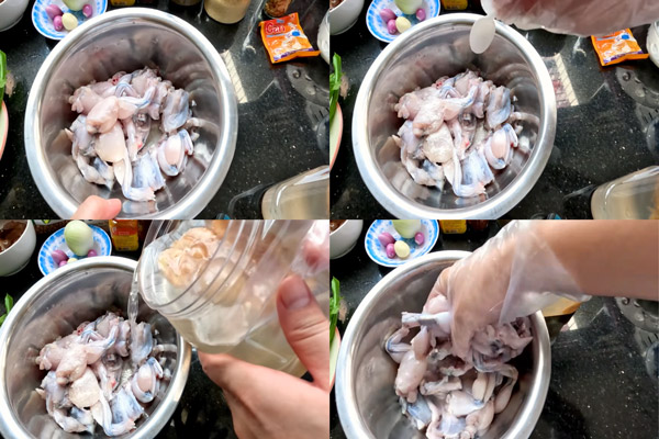 Rửa thịt ếch với muối và giấm giúp khử mùi tanh