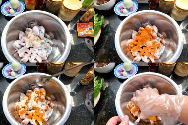 Ướp thịt ếch trước khi chế biến