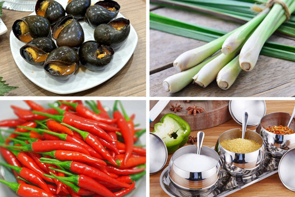 nguyên liệu làm món ốc bươu xào sả ớt.