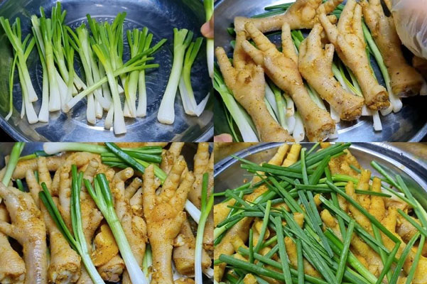 Sắp xếp hành và chân gà vào dĩa để hấp